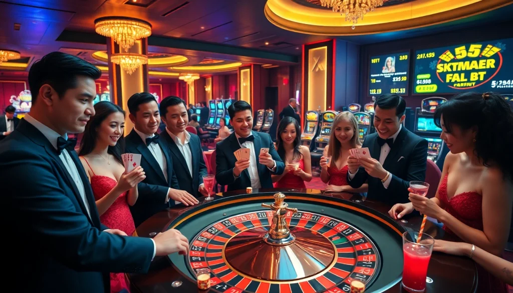 Exciting KKWIN BET experience at a luxurious casino with players engaged around a roulette table.