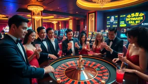 Exciting KKWIN BET experience at a luxurious casino with players engaged around a roulette table.