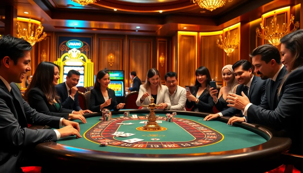Excited players enjoying poker and roulette at nhà cái vua99's elegant casino table.