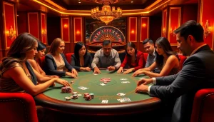 A vibrant poker table scene showcasing intense gameplay at 789bet com, highlighting poker chips and players.
