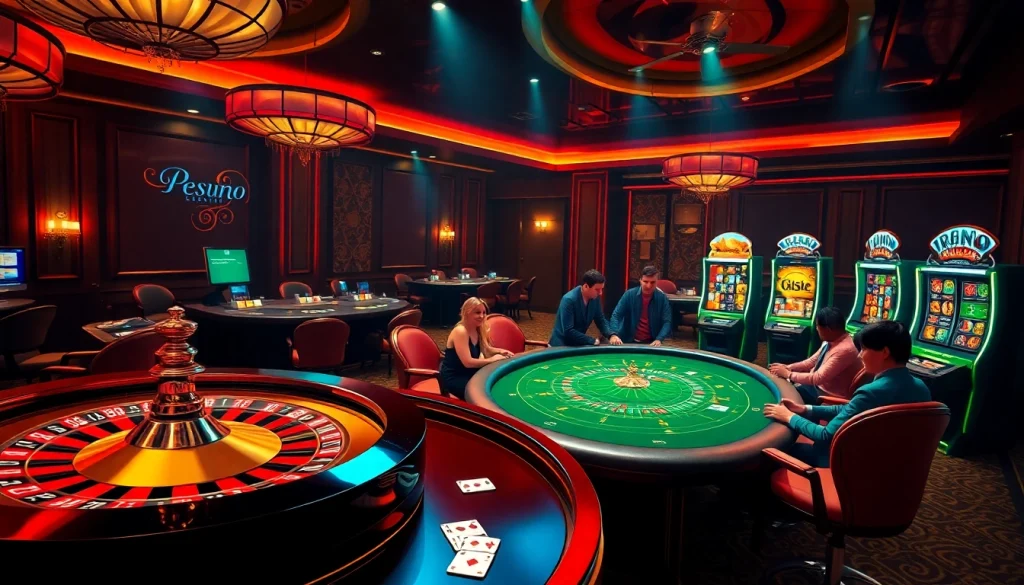 Experience exciting gameplay at https://rr88co.net/ with a vibrant casino scene filled with poker tables, roulette wheels, and slot machines.