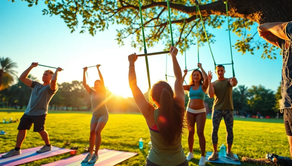 Individuals using stretch bands for pull-ups outdoors, showcasing strength and community.