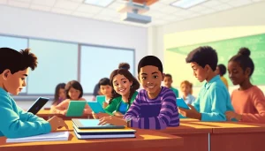 Education-focused modern classroom promoting equity and innovation with diverse students engaging collaboratively.