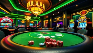 Engage in an exciting game at the J88-themed poker table in a luxurious casino setting.
