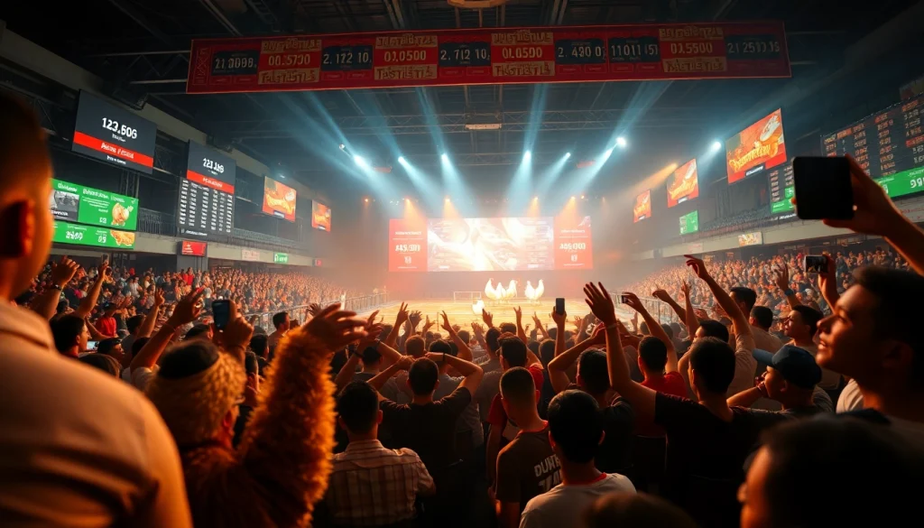 Experience live chicken fighting excitement at dagawin.live, featuring a vibrant betting atmosphere with spectators.