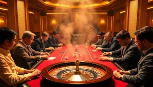 Excited players engaged in high-stakes poker at MM 88 casino, showcasing luxury and vibrant atmosphere.