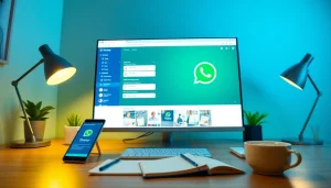 现代桌面上交互式的 WhatsApp网页版界面，展示沟通效率与创新。