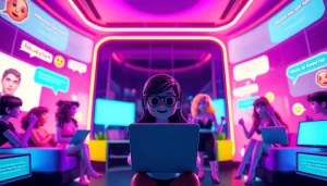 NSFW chat AI interaction scene with playful avatars in a modern virtual chat room.