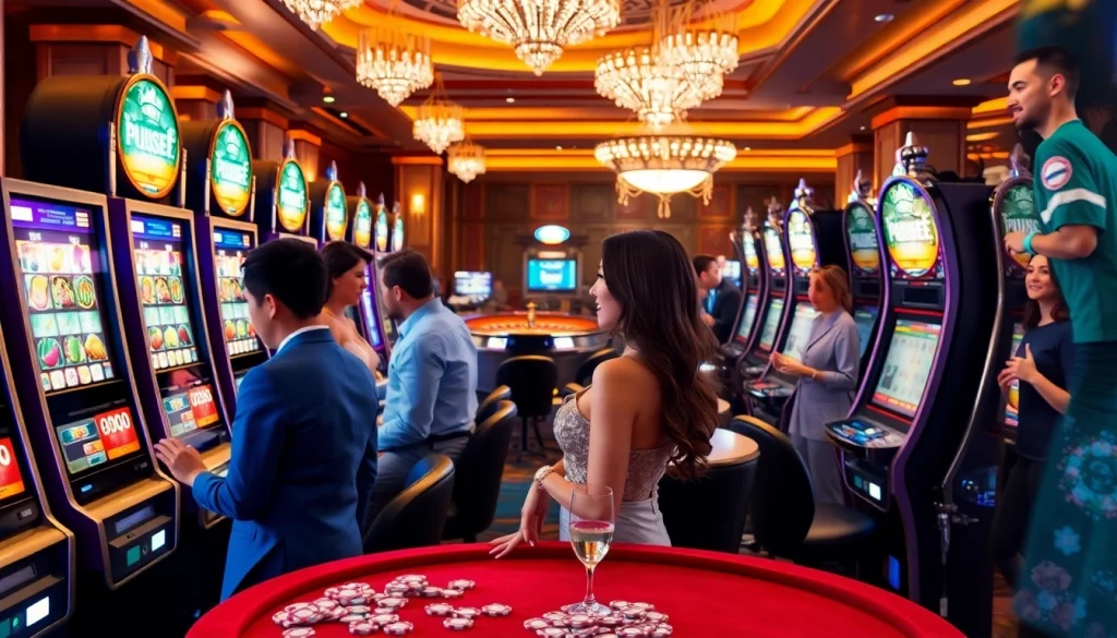 Adegan menarik di area slot depo 5rb dengan mesin berwarna-warni dan pemain yang bersemangat