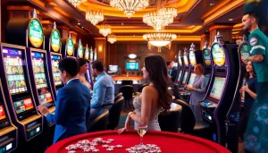 Adegan menarik di area slot depo 5rb dengan mesin berwarna-warni dan pemain yang bersemangat