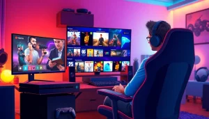 Explore engaging game reviews showcased in a vibrant gaming room setup with modern gaming gear.