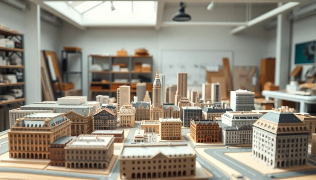 Detailaufnahme von architekturmodellbau Braunschweig mit präzisen Gebäudemodellen und kreativem Umfeld.