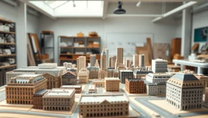 Detailaufnahme von architekturmodellbau Braunschweig mit präzisen Gebäudemodellen und kreativem Umfeld.
