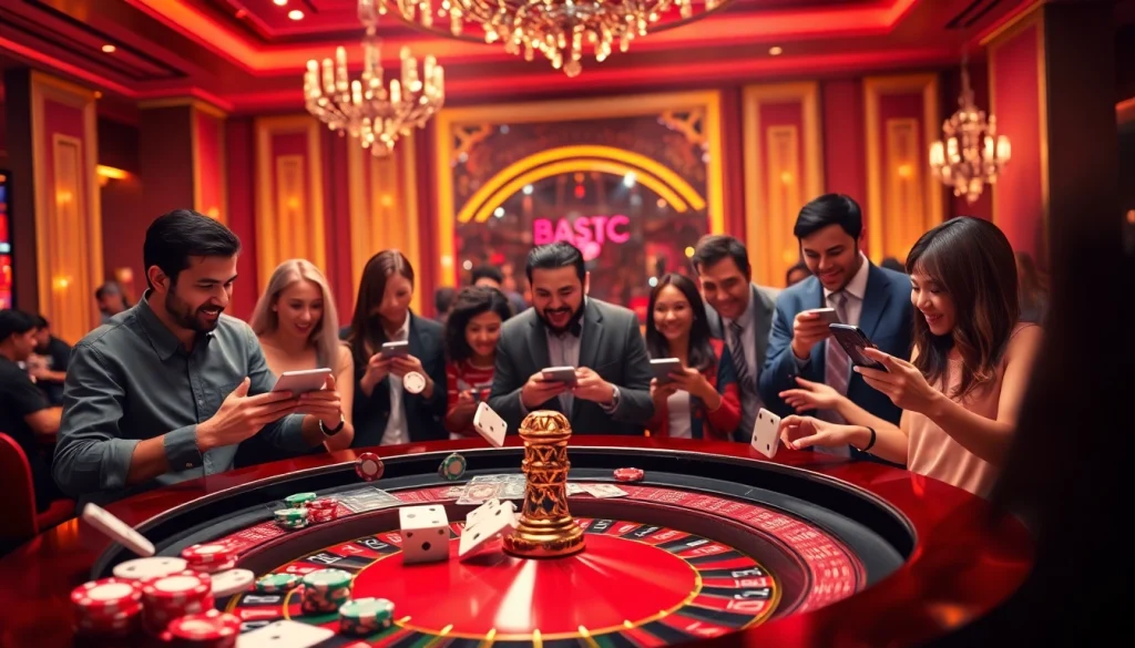 Engaging in thrilling רמי אונליין action with vibrant casino elements and excited players.