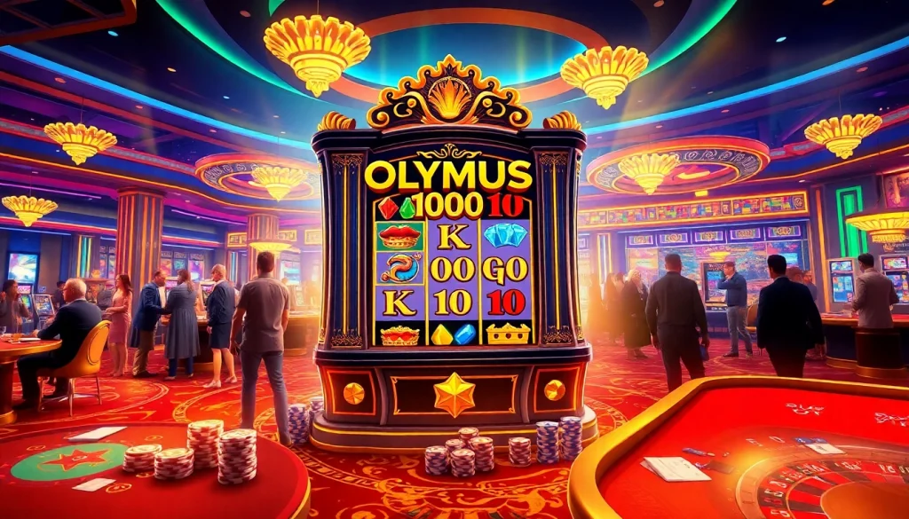Players trying their luck at the Olympus 1000 slot machine in a vibrant casino.