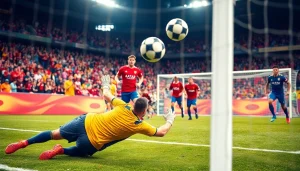 ผลบอลล่าสุด ขณะผู้รักษาประตูพยายามเซฟลูกยิงจากคู่แข่งบนสนามฟุตบอล