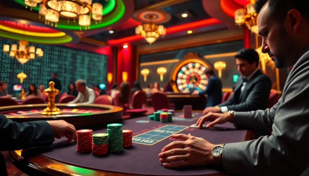 Players strategize at a poker table in a luxurious casino while discovering hidden wiki links.