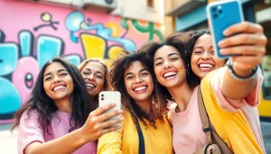 Group of social media girls capturing fun moments in a colorful urban setting.