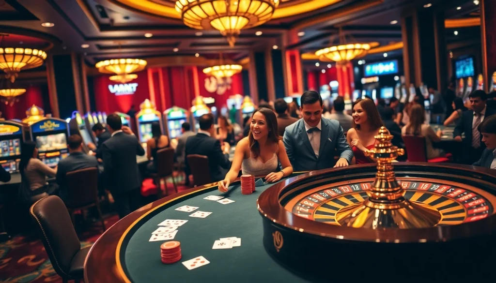 Excitement builds at i9bet casino as players celebrate wins at a glamorous poker table.