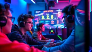 Engaging players focusing on game reviews during intense multiplayer gaming.
