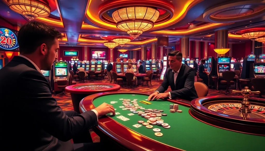 Experience the thrill at mb66.nyc with players enjoying a poker game in an upscale casino.