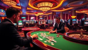 Experience the thrill at mb66.nyc with players enjoying a poker game in an upscale casino.