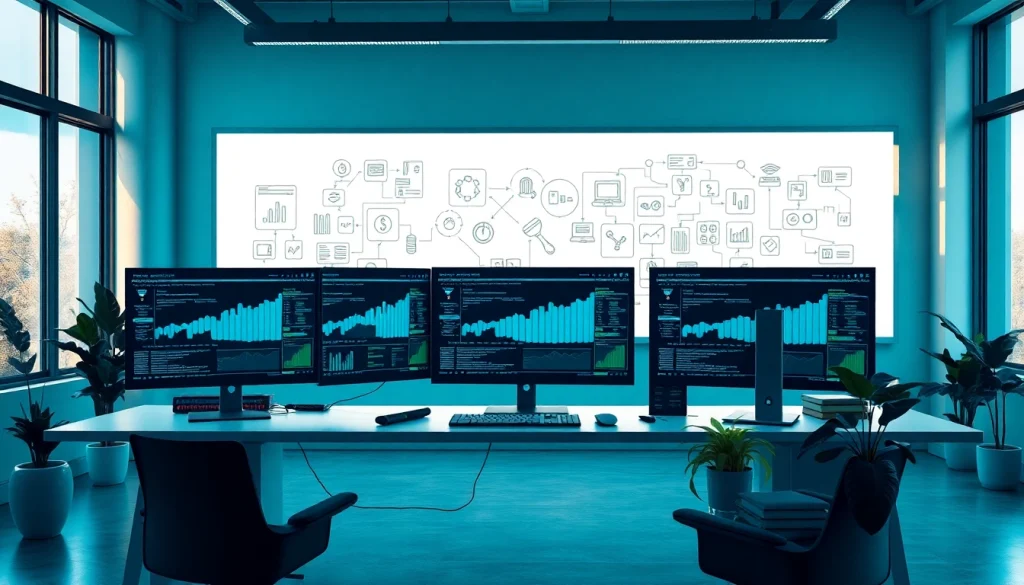 Infosec-focused modern office showcasing real-time cybersecurity metrics and strategies.