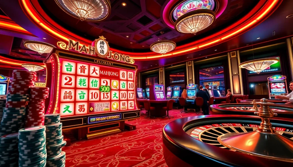 Rasakan kegembiraan permainan slot demo Mahjong dengan warna-warni cerah dan elemen kasino mewah.