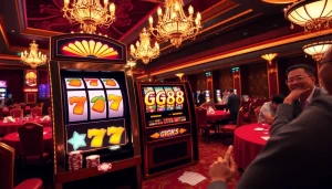 Players enjoying the gg88 slot machine experience amidst a vibrant casino atmosphere.