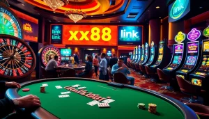 Experience the thrill of gambling with the xx88 link overlaying an exciting casino scene filled with games.