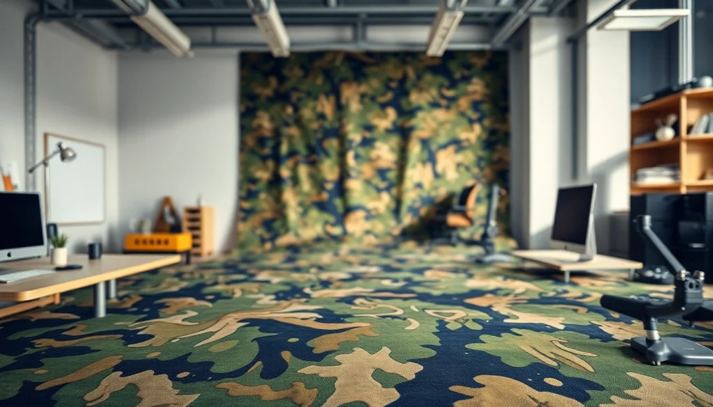 Stijlvolle legerprint stof gepresenteerd in moderne werkruimte met unieke details.