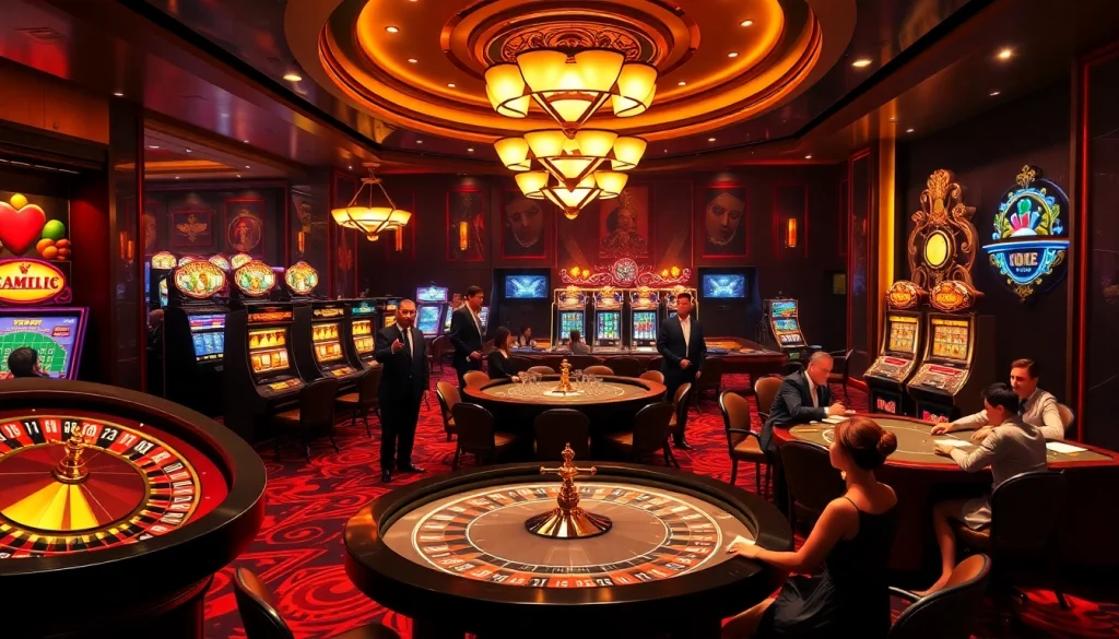 Experience the thrill of nhà cái mm88 with an elegant casino scene featuring poker tables and slot machines.