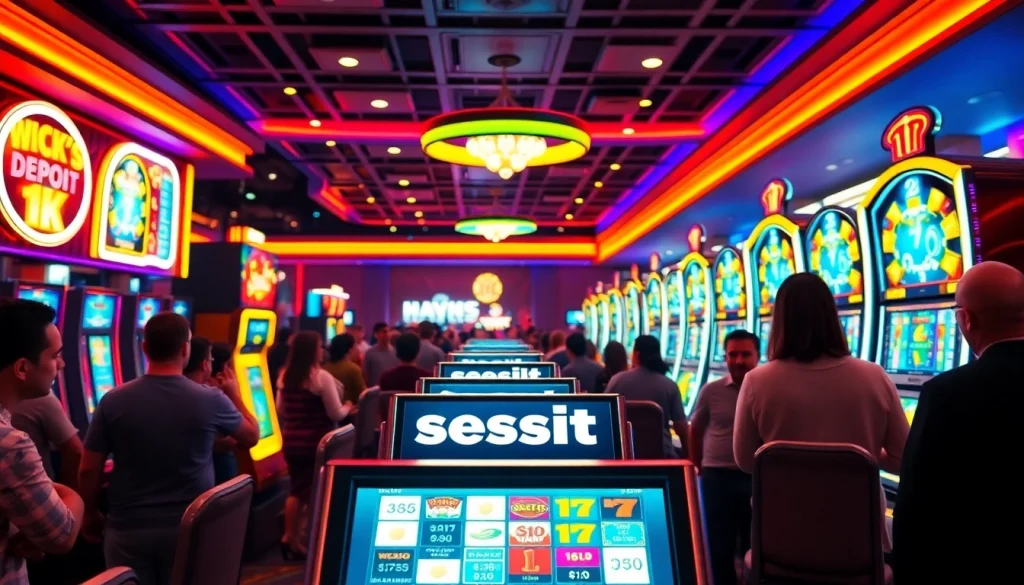 Menampilkan mesin slot deposit 1k yang mewah dan pemain yang terlibat di kasino.