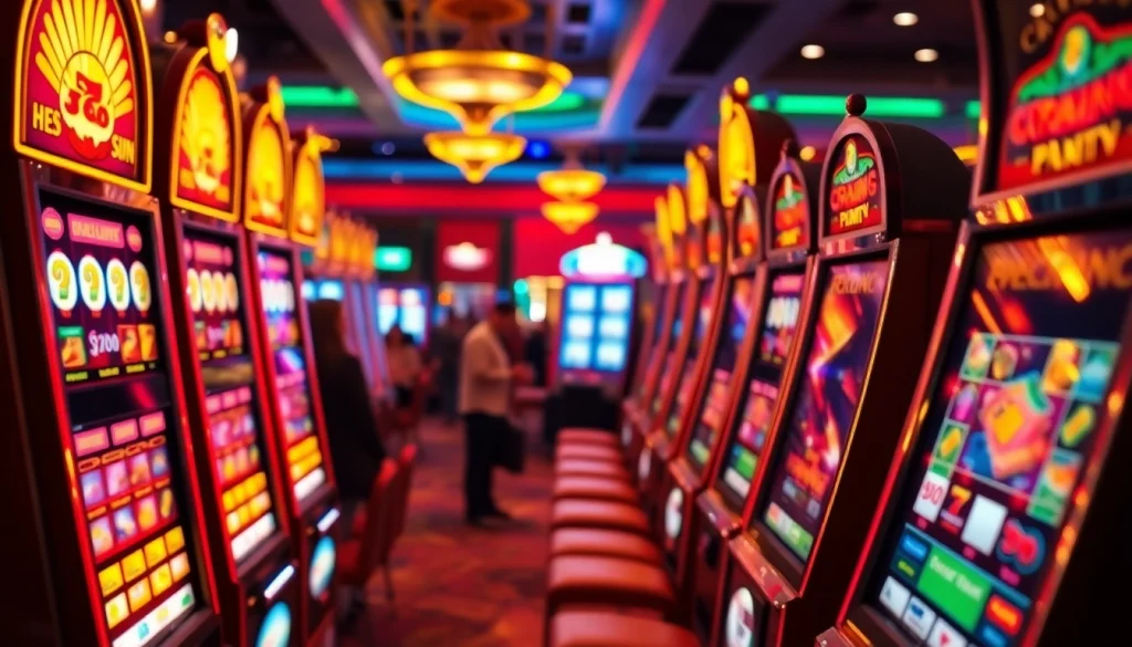 Menggambarkan pengalaman slot deposit 1k dengan mesin slot berwarna-warni dan suasana kasino yang meriah.