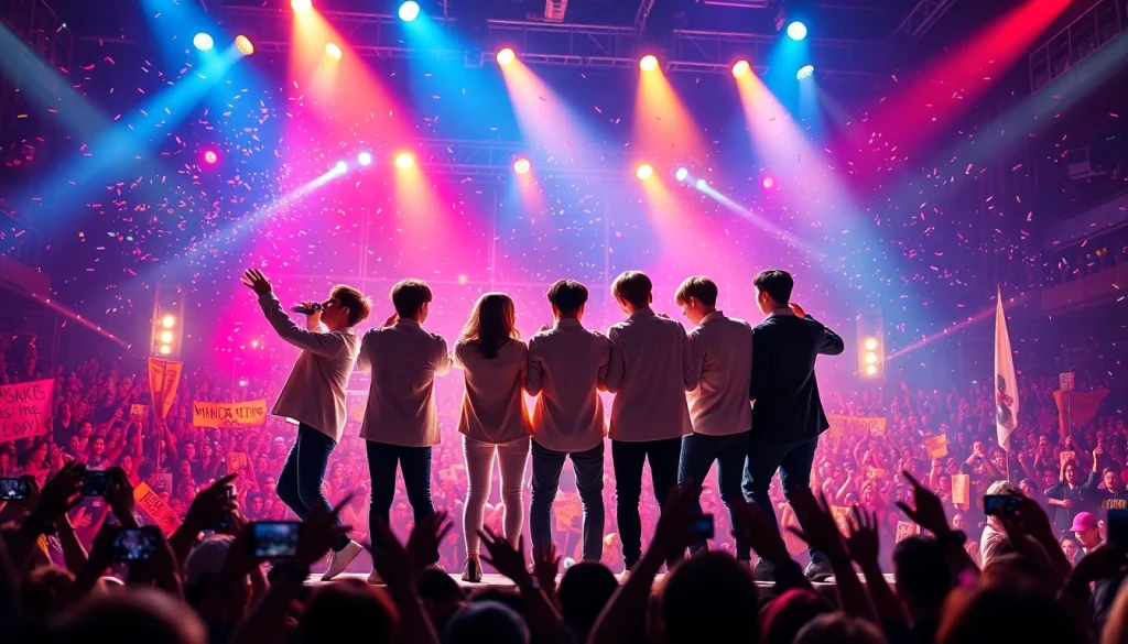 BTS news featuring a live concert performance with dynamic stage lights and an energized crowd.