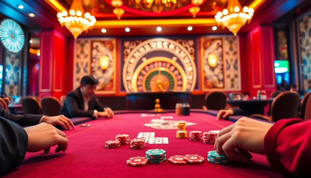 Experience thrilling gambling action at https://hanoiculturetravel.com/ with an exciting casino scene featuring poker tables.