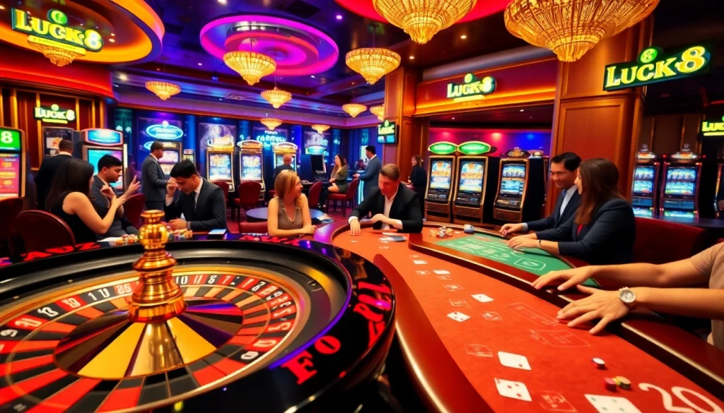 Người chơi LUCK8 đang tận hưởng bầu không khí casino sôi động với bàn roulette và máy đánh bạc.