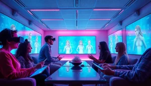 Interactive NSFW character AI chat scene showcasing engaging conversations with diverse users in a futuristic digital workspace.