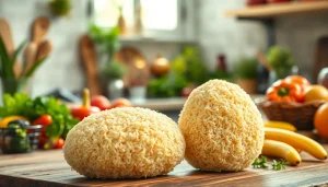 Feature a kitchen loofah enhancing a rustic kitchen setup with fresh ingredients.