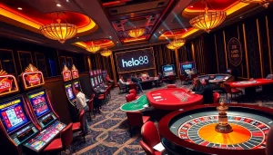 Helo88 players enjoying vibrant slot machines and exciting poker tables in a luxurious casino.