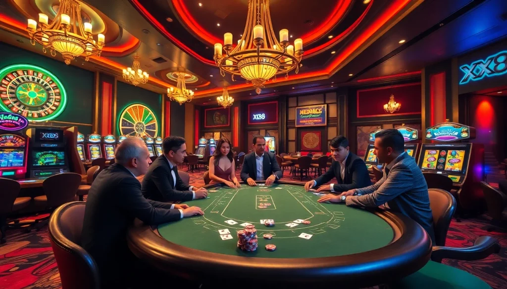 Engage with the vibrant casino atmosphere at XX88, featuring poker tables, roulette wheels, and exciting games.
