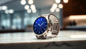 Finesse Smart Watch showcasing its modern design and vibrant interface on a marble backdrop.