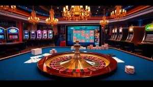 Engaging casino scene representing Hay88 com with poker cards, roulette, and vibrant gaming atmosphere.