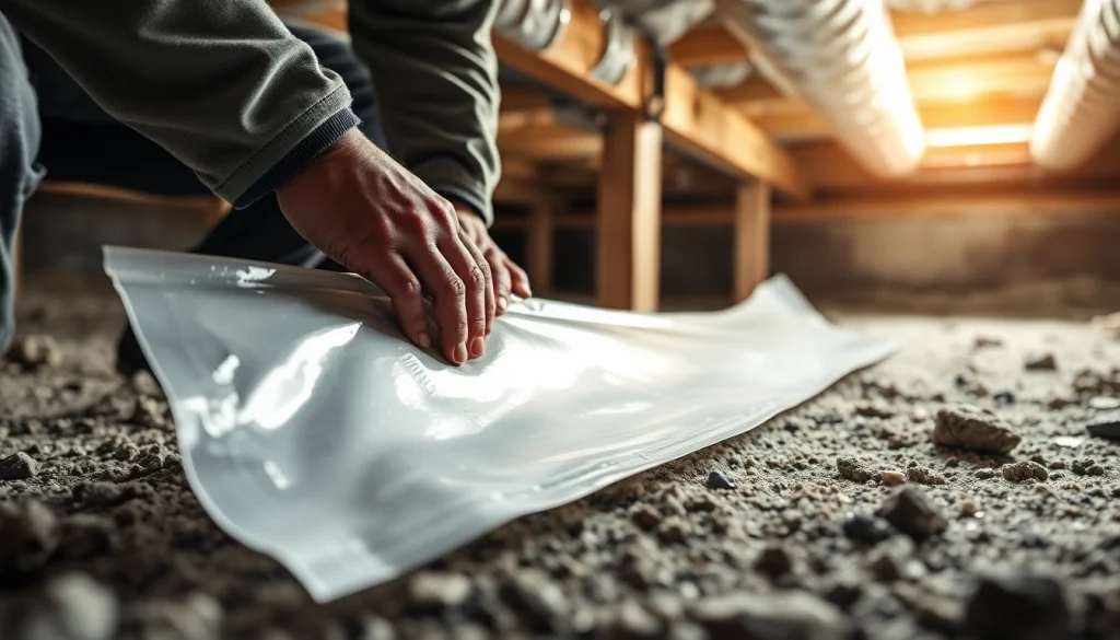 Vapor Barrier Installation process in a crawl space highlighting precision and quality work.