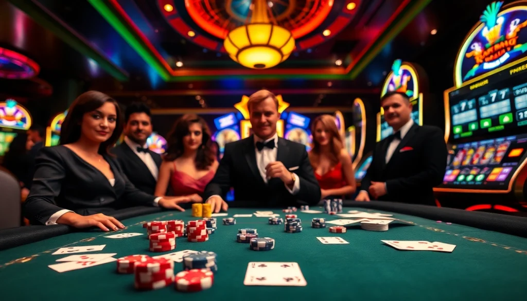 Action de jeu excitante dans un casino en ligne argent réel avec des jetons de poker et des machines à sous vibrantes.