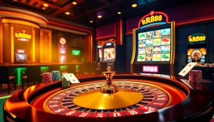 Experience thrilling gaming at RR88 with a vibrant casino ambiance featuring roulette and slot machines.