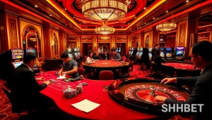 Experience high-stakes excitement at SHBET casino with vibrant games and glamorous decor.