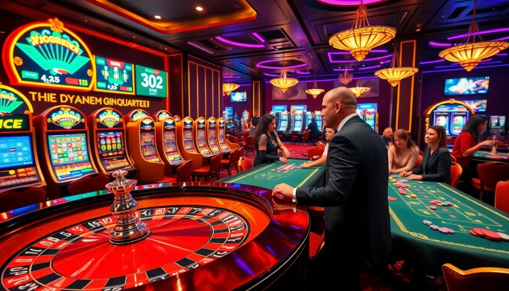 Scène excitante de casino en ligne argent réel avec des jeux de cartes captivants et des tables de jeu luxueuses.