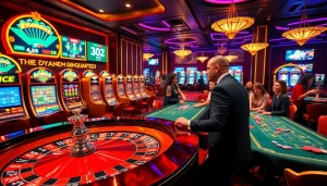 Scène excitante de casino en ligne argent réel avec des jeux de cartes captivants et des tables de jeu luxueuses.