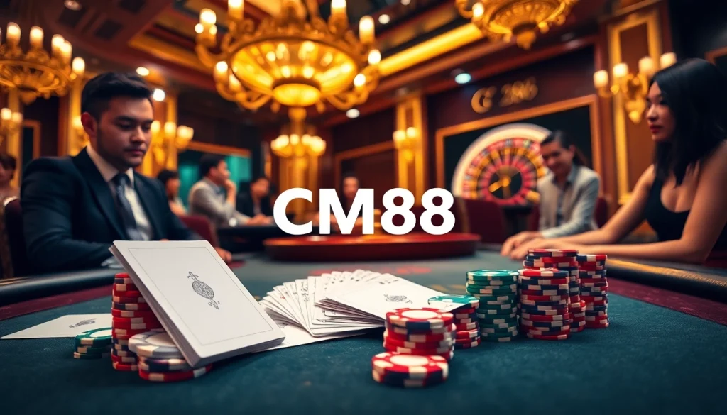 Experience the thrill of a high-stakes poker game featuring the CM88 logo among chips and cards.
